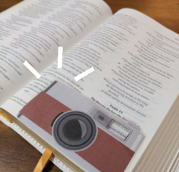 Paper camera print-out atop a Bible